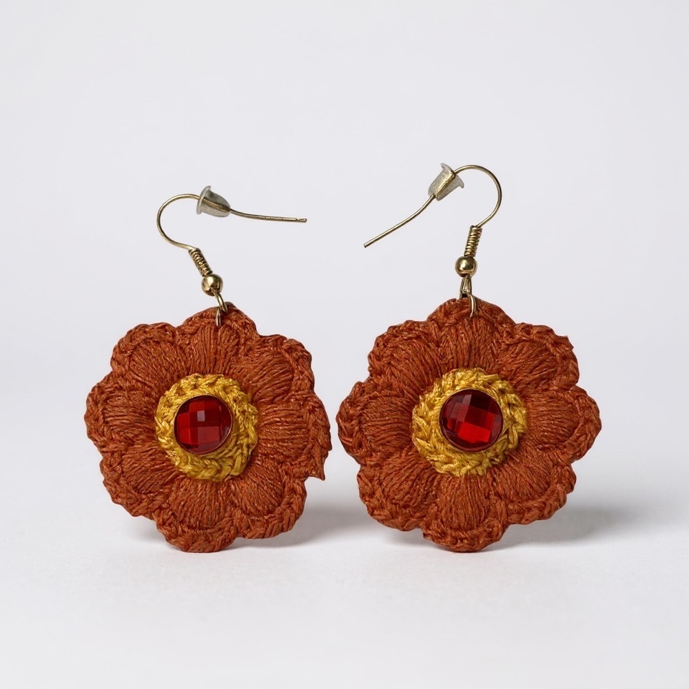Boho Fabric Flower Drop Earrings with Red Gem Center